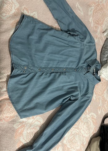 Düğmeli mavi Denim Kadın Gömlek