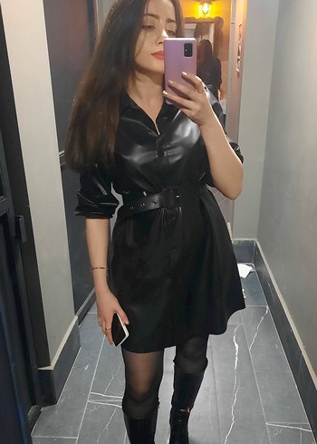 Siyah Deri Kemerli Goth Midi Elbise