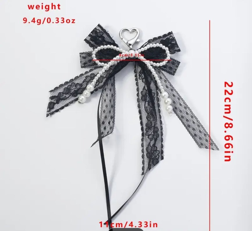 İnci Detaylı Siyah Dantel Fiyonk çanta süsü - Görsel 2