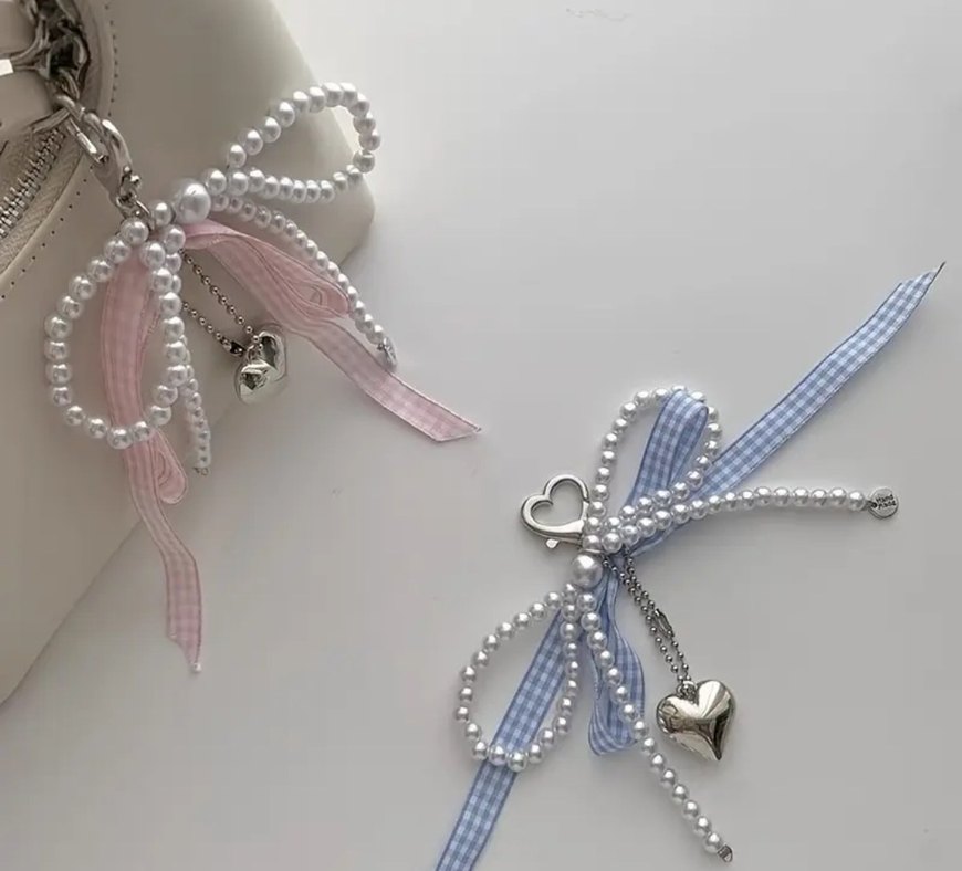 kurdele ve incili çanta süsü, anahtarlık - Görsel 2