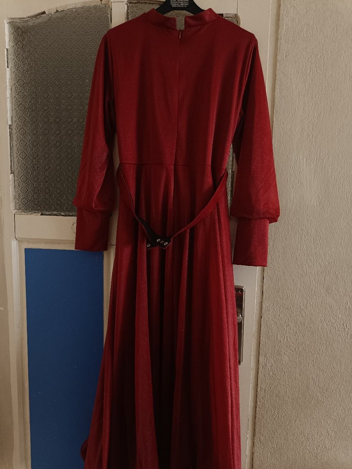 Bordo Drapeli Tesettür Abiye - Görsel 2