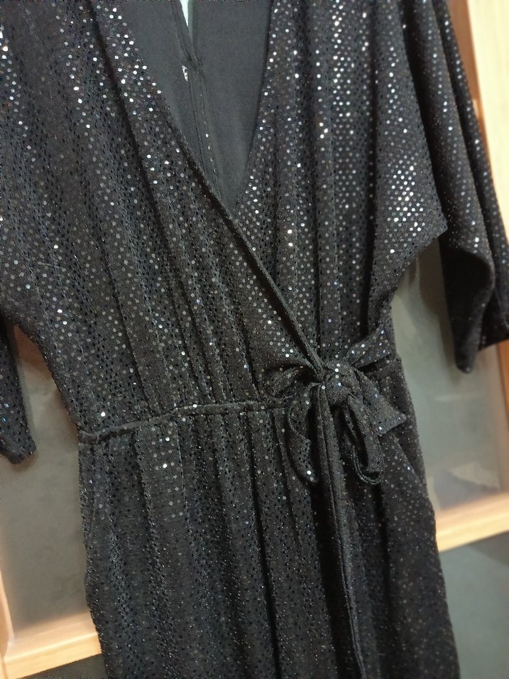 Gusto  S beden Siyah Parlak Uzun Kadın Tulum - Görsel 5