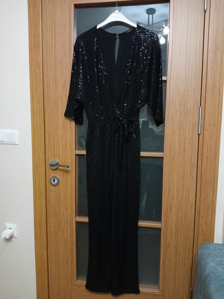 Gusto  S beden Siyah Parlak Uzun Kadın Tulum - Görsel 2