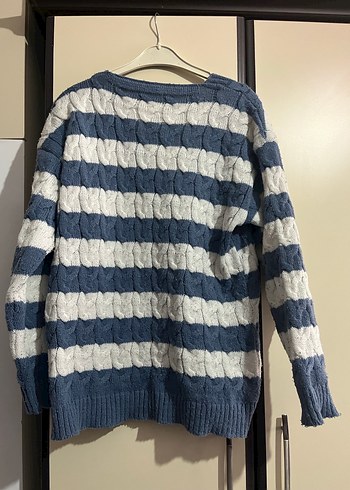 Mavi beyaz Çizgili Örgü Kadın Hırka - Görsel 6