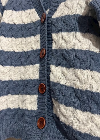 Mavi beyaz Çizgili Örgü Kadın Hırka - Görsel 4