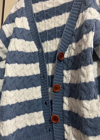 Mavi beyaz Çizgili Örgü Kadın Hırka - Görsel 2