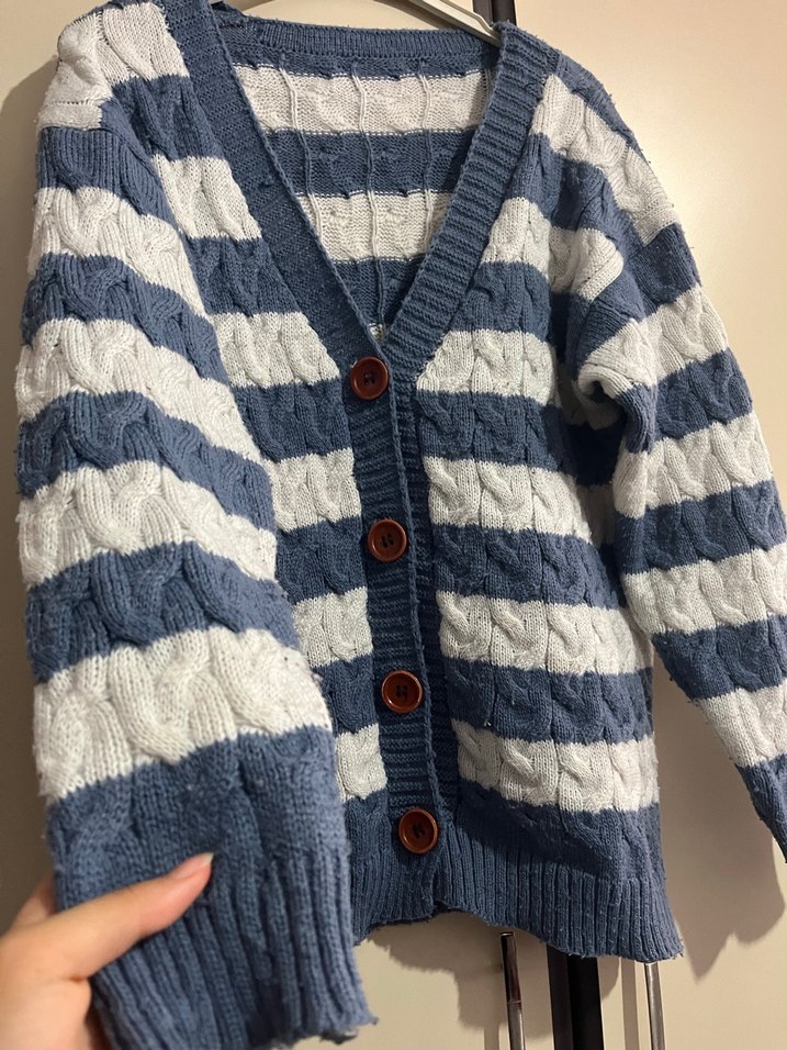 Mavi beyaz  Çizgili Örgü Kadın Hırka - Görsel 5