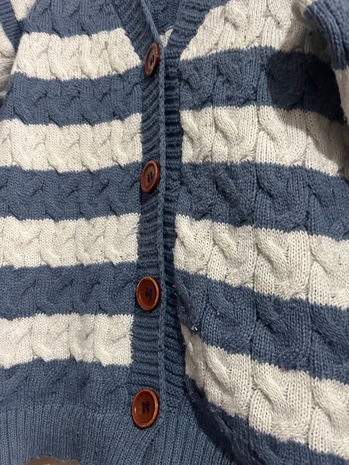 Mavi beyaz  Çizgili Örgü Kadın Hırka - Görsel 4