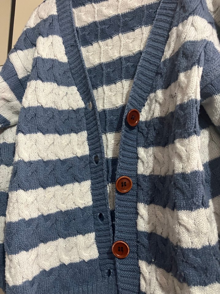 Mavi beyaz  Çizgili Örgü Kadın Hırka - Görsel 2