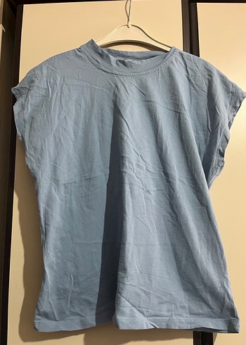 Buz mavisi Kısa Kollu Basic Keten Kadın Tişört - Görsel 3