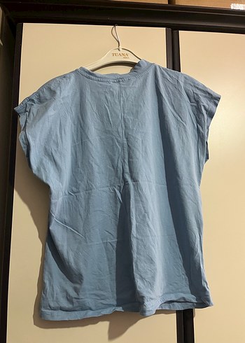 Buz mavisi Kısa Kollu Basic Keten Kadın Tişört - Görsel 5