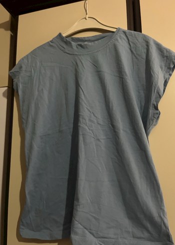 Buz mavisi Kısa Kollu Basic Keten Kadın Tişört - Görsel 2