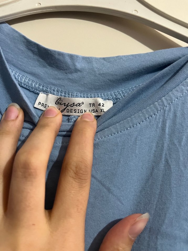 Buz mavisi Kısa Kollu Basic Keten Kadın Tişört - Görsel 4