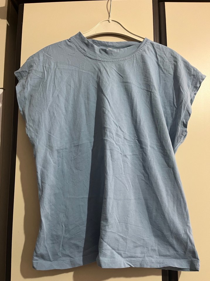 Buz mavisi Kısa Kollu Basic Keten Kadın Tişört - Görsel 3