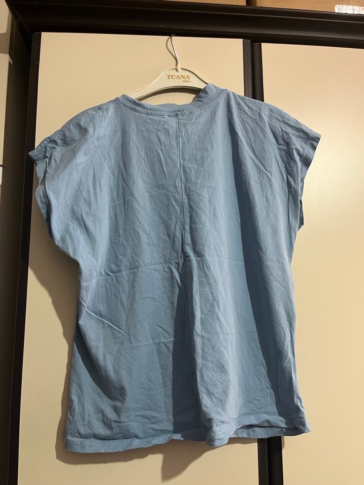 Buz mavisi Kısa Kollu Basic Keten Kadın Tişört - Görsel 5