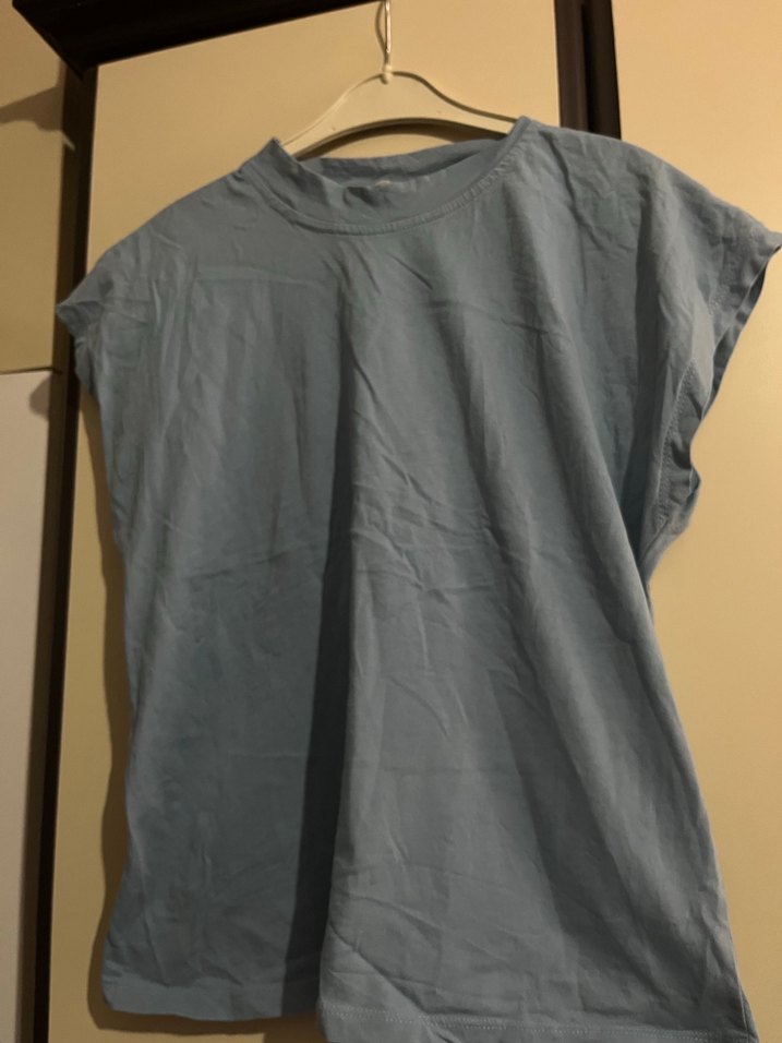 Buz mavisi Kısa Kollu Basic Keten Kadın Tişört - Görsel 2