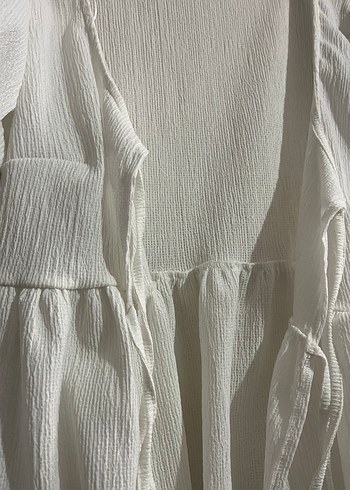 Düğmeli Beyaz Kısa Kollu Mini Keten Bluz - Görsel 7