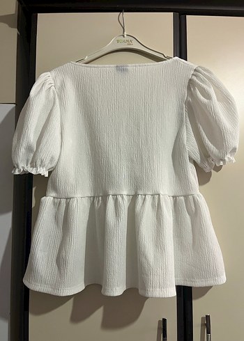 Düğmeli Beyaz Kısa Kollu Mini Keten Bluz - Görsel 6