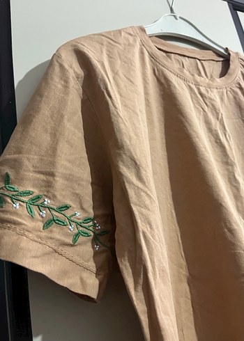 Bej Keten Kadın Tişört Kısa Kollu - Görsel 2