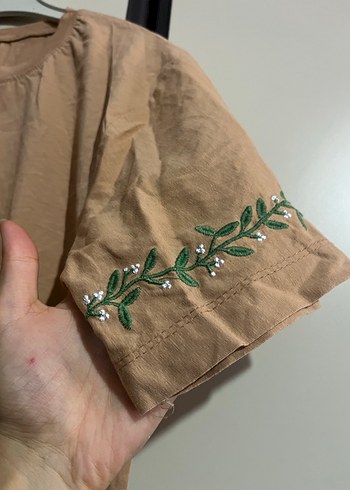 Bej Keten Kadın Tişört Kısa Kollu - Görsel 4