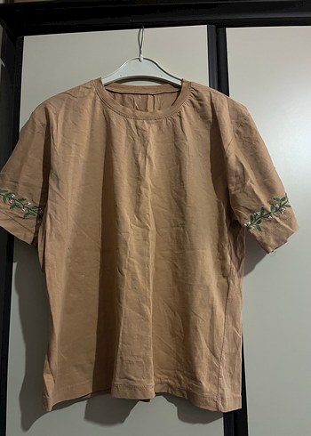 Bej Keten Kadın Tişört Kısa Kollu - Görsel 3