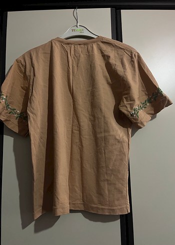 Bej Keten Kadın Tişört Kısa Kollu - Görsel 5