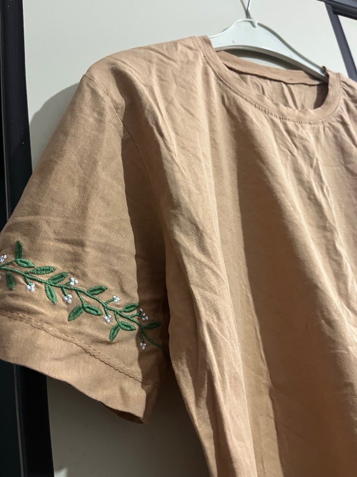 Bej Keten Kadın Tişört Kısa Kollu - Görsel 2