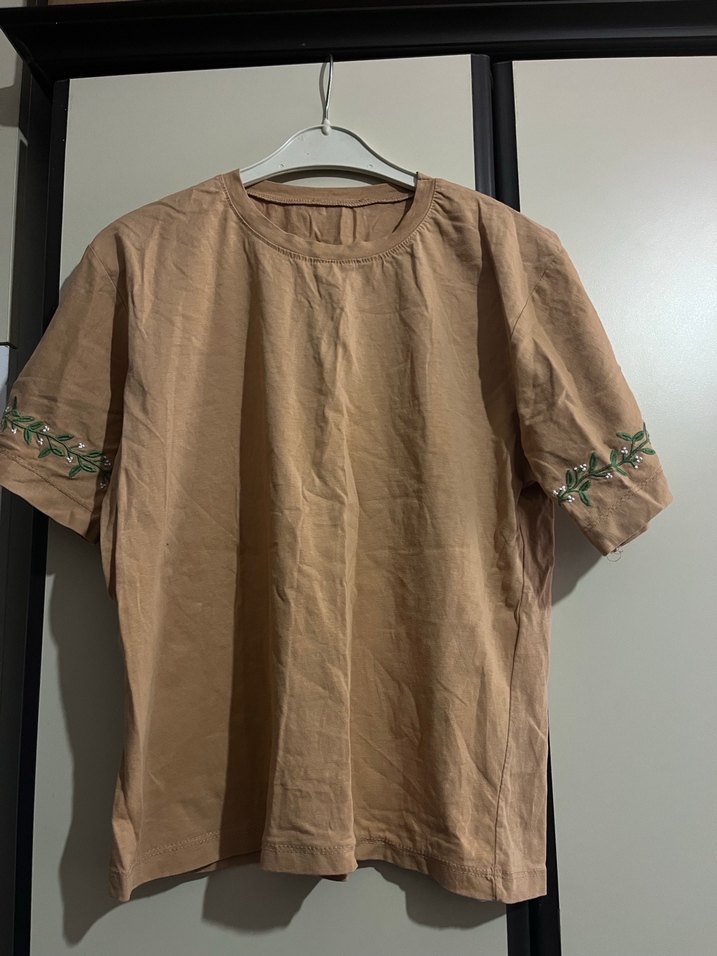 Bej Keten Kadın Tişört Kısa Kollu - Görsel 3