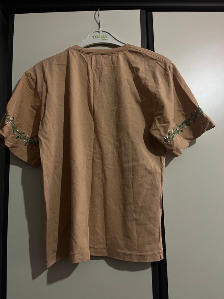 Bej Keten Kadın Tişört Kısa Kollu - Görsel 5