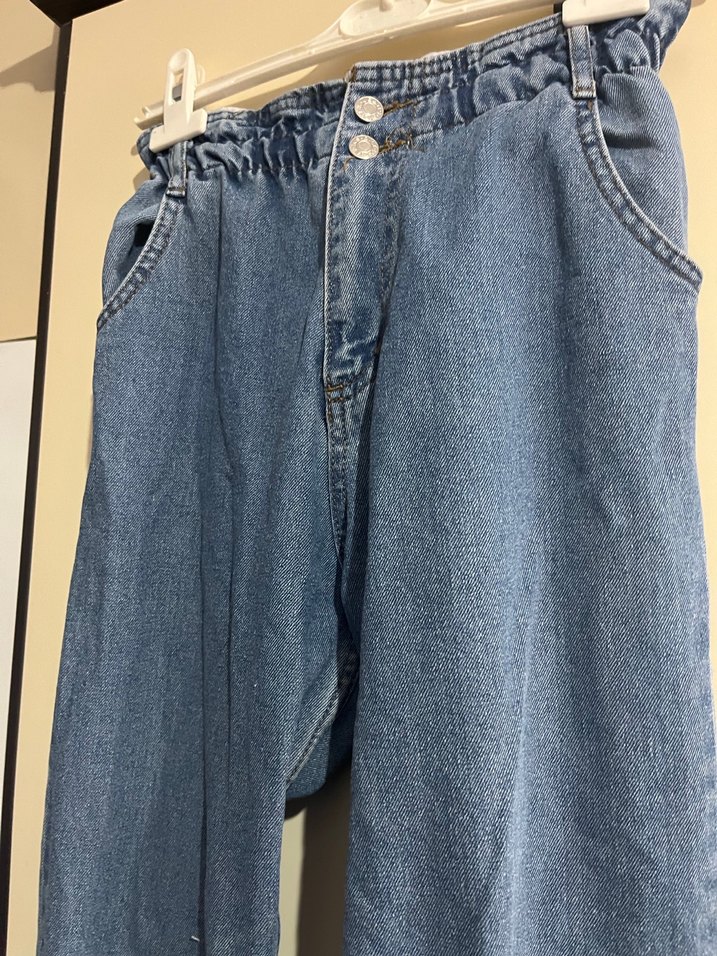 Kadın Mavi Denim Bol Kesim Kemerli Pantolon - Görsel 2