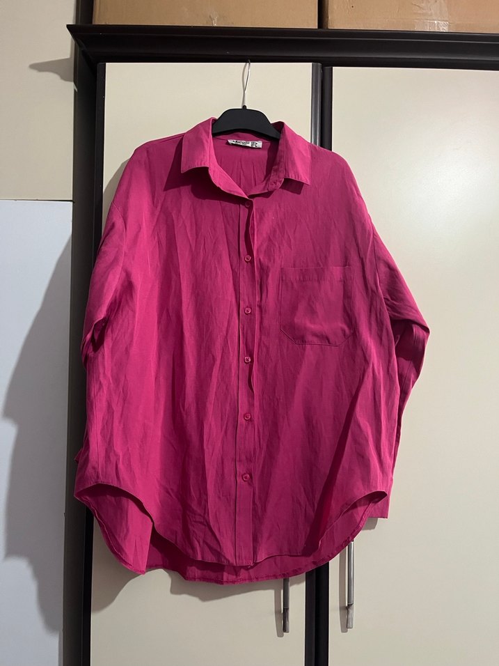 Düğmeli Pembe Kadın Gömlek - Görsel 5