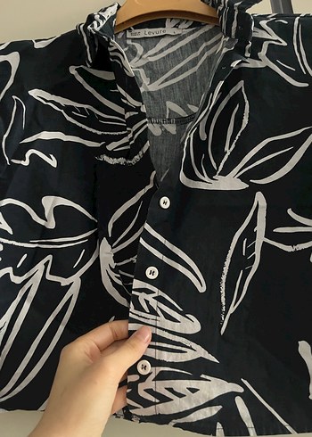 Desenli Kısa Kollu Siyah Mini Gömlek - Görsel 4