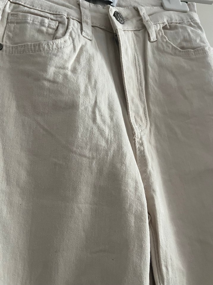 Beyaz Regular Fit Midi Kadın Keten Jean - Görsel 2