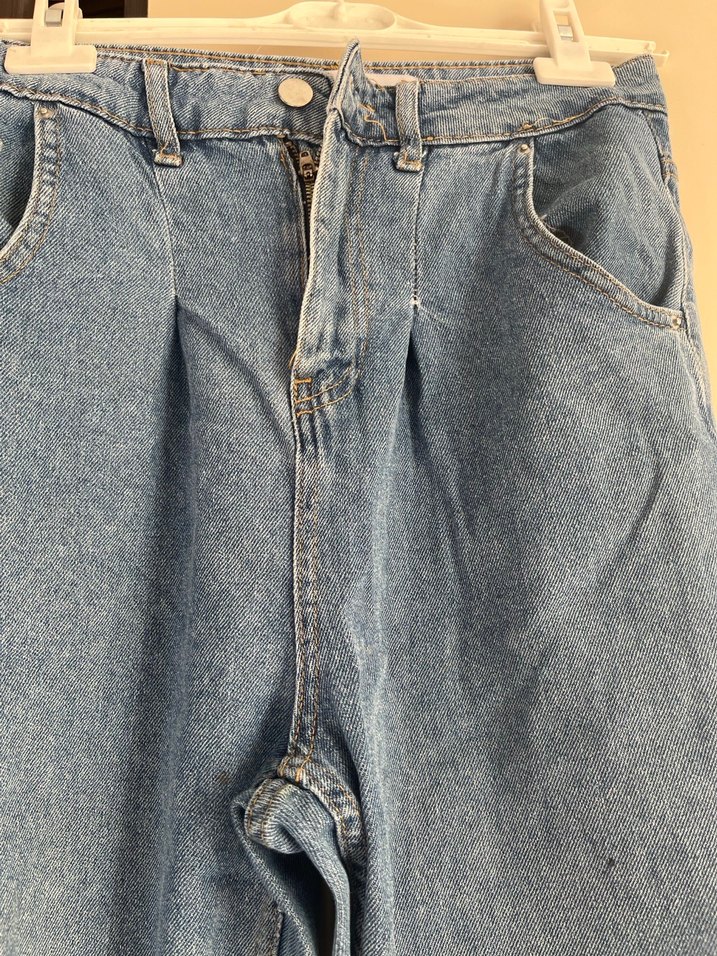 Düğmeli Mavi Midi Boy Bol Kesim Kadın Kot Pantolon - Görsel 2