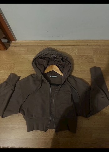 Kahverengi Kapüşonlu Fermuarlı Sweatshirt
