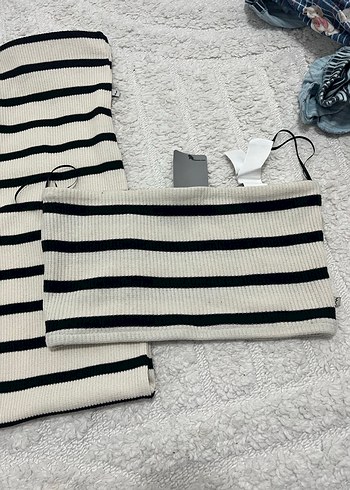 Beyaz Çizgili Mini Straplez Triko Elbise etiketli - Görsel 3