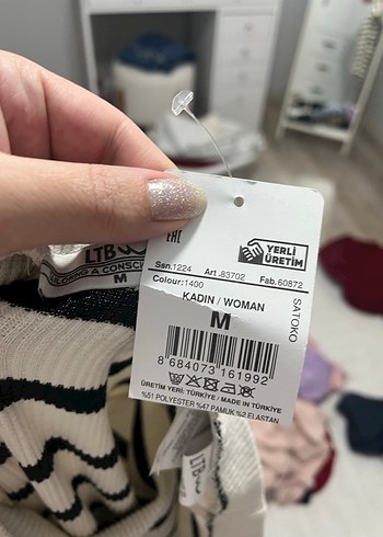 Beyaz Çizgili Mini Straplez Triko Elbise etiketli - Görsel 6