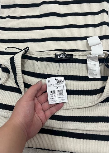 Beyaz Çizgili Mini Straplez Triko Elbise etiketli - Görsel 4