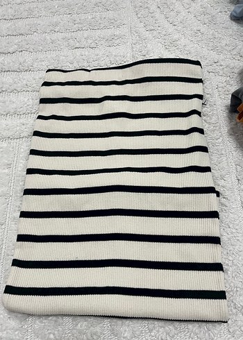 Beyaz Çizgili Mini Straplez Triko Elbise etiketli - Görsel 5