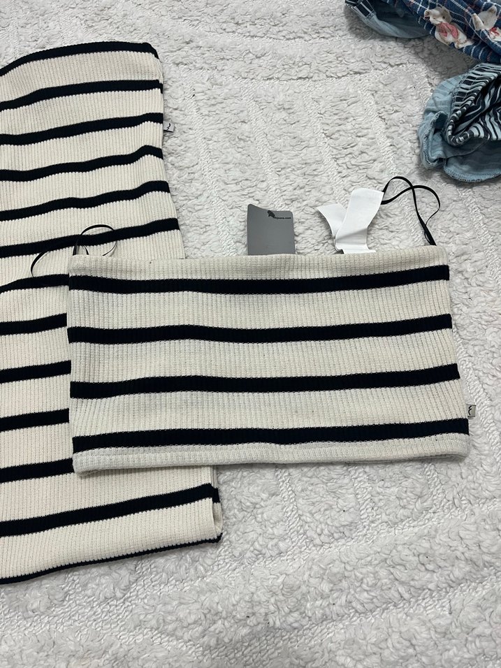 Beyaz Çizgili Mini Straplez Triko Elbise etiketli - Görsel 3