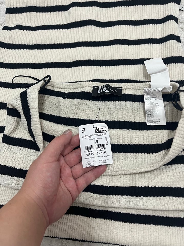 Beyaz Çizgili Mini Straplez Triko Elbise etiketli - Görsel 4