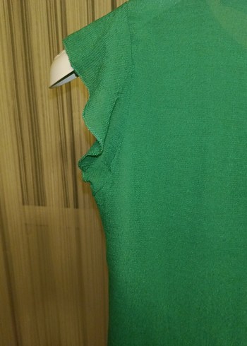 Yeşil Kısa Kollu Pilili Keten Bluz - Görsel 5
