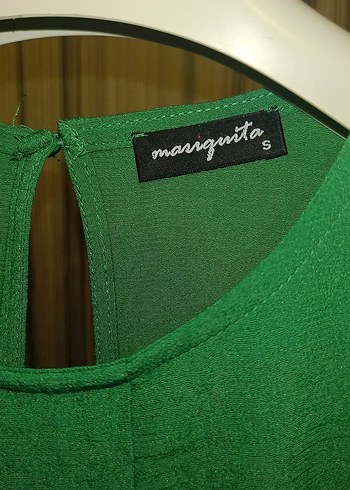 Yeşil Kısa Kollu Pilili Keten Bluz - Görsel 2