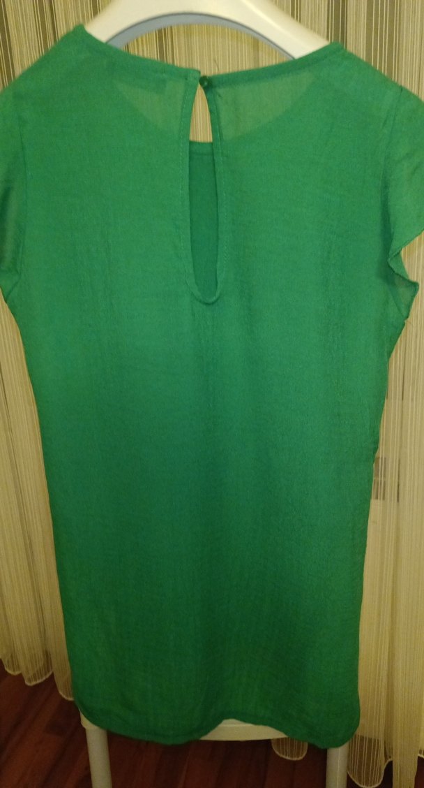 Yeşil Kısa Kollu Pilili Keten Bluz - Görsel 4