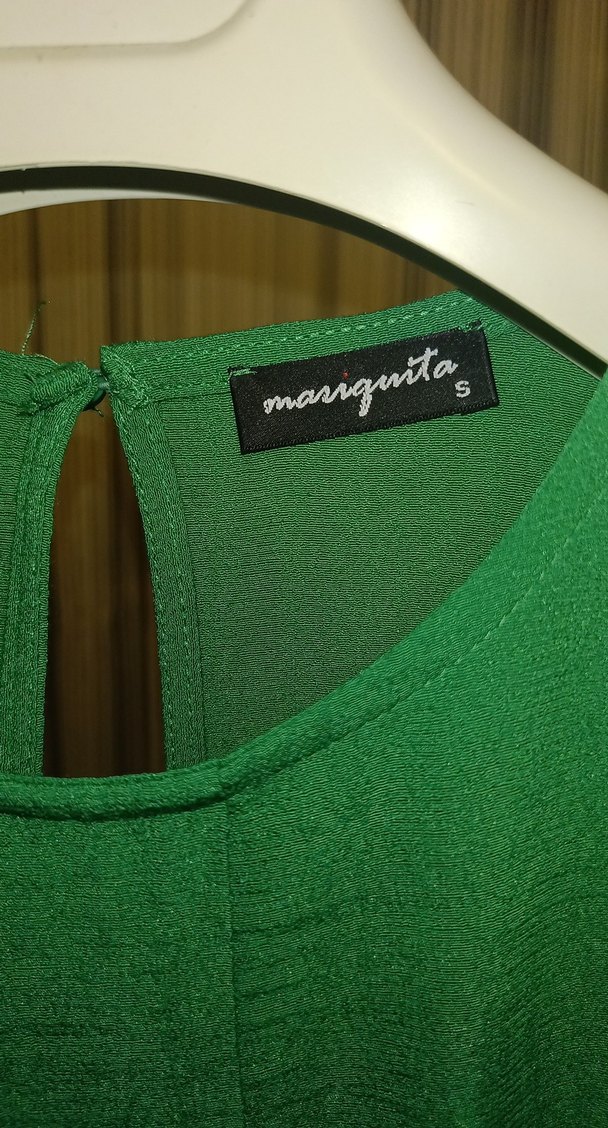 Yeşil Kısa Kollu Pilili Keten Bluz - Görsel 2