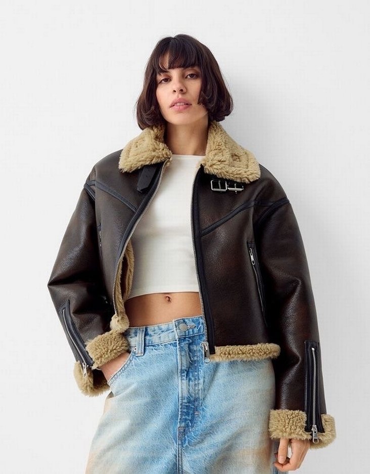 Bershka Kahverengi Kürklü Deri Kadın Ceket — görsel 2/7