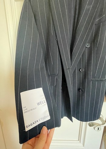 36 Beden Çizgili lacivert Kadın Uzun Blazer Ceket ve pantolon