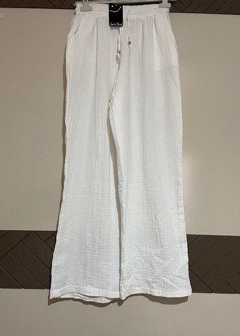 Beyaz Bol Kesim Muslin Kadın Pantolon