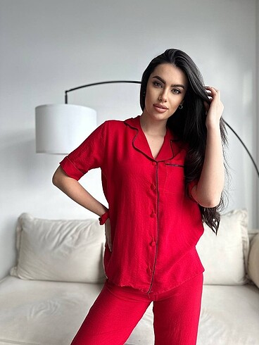Diğer Kırmızı Pamuklu Kısa Kollu Pijama Takımı