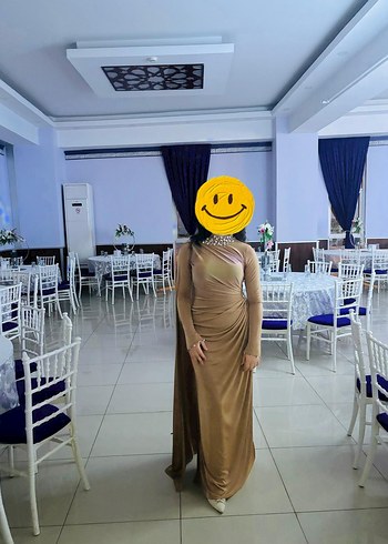 Bej Drapeli Uzun Kadın Elbise